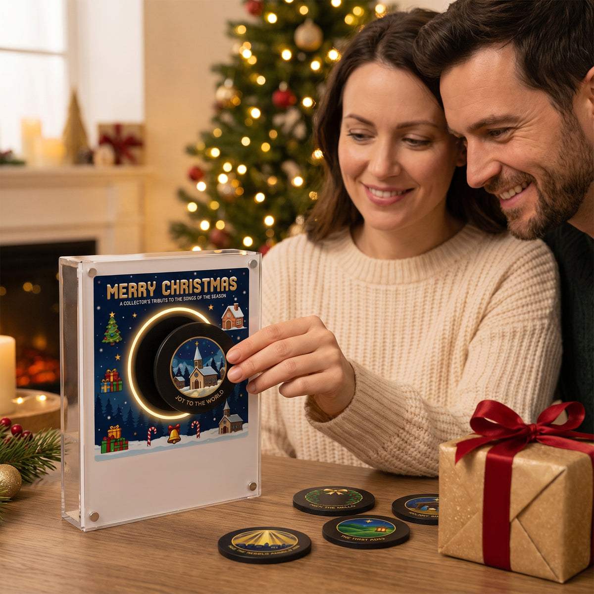 Paar setzt eine Scheibe in die XmasVibe Weihnachtsplatte ein